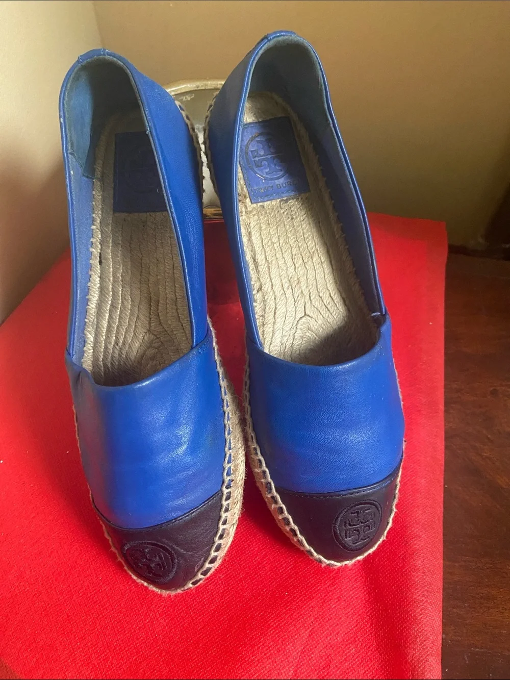 Tory Burch Royal Blue Leather Espadrille Wedges with Black Toe Cap